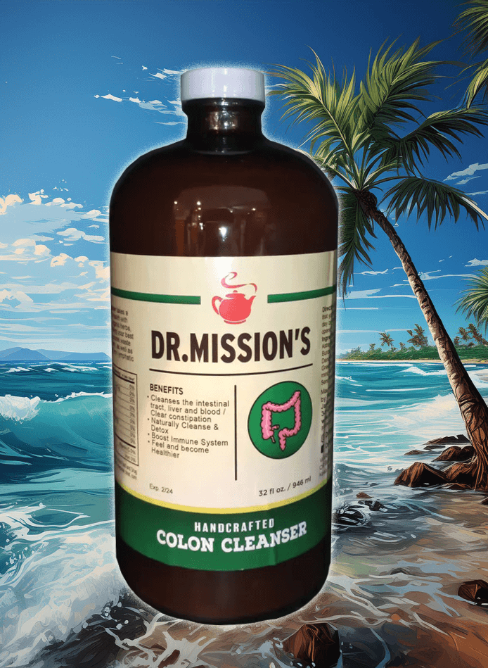 VeggieVerve Dr. Mission's Organic Colon Cleanser in a 32 fl oz bottle, natural cleansing formula, clear label, and pump dispenser.
