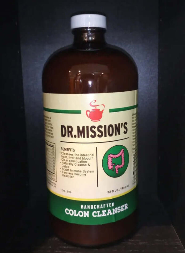 VeggieVerve Dr. Mission's Organic Colon Cleanser bottle, 32 fl oz, with label showing natural ingredients and product details.