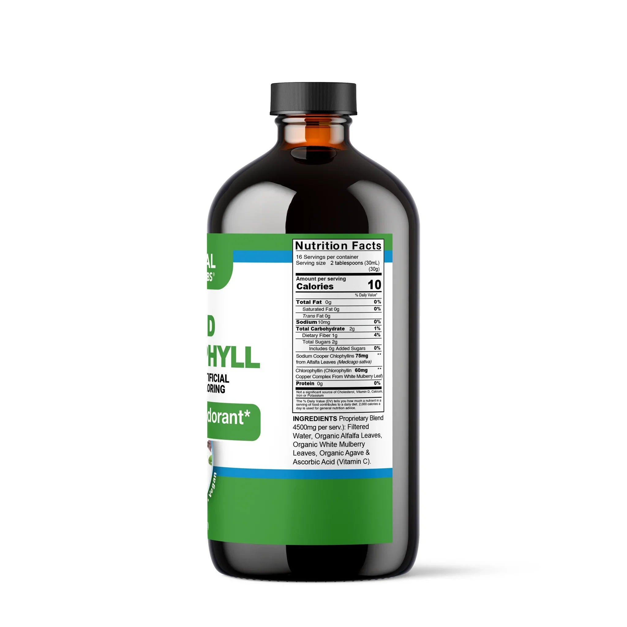 Organic liquid chlorophyll from VeggieVerve in a 16 fl oz bottle, featuring alfalfa and white mulberry botanical blend for detox.
