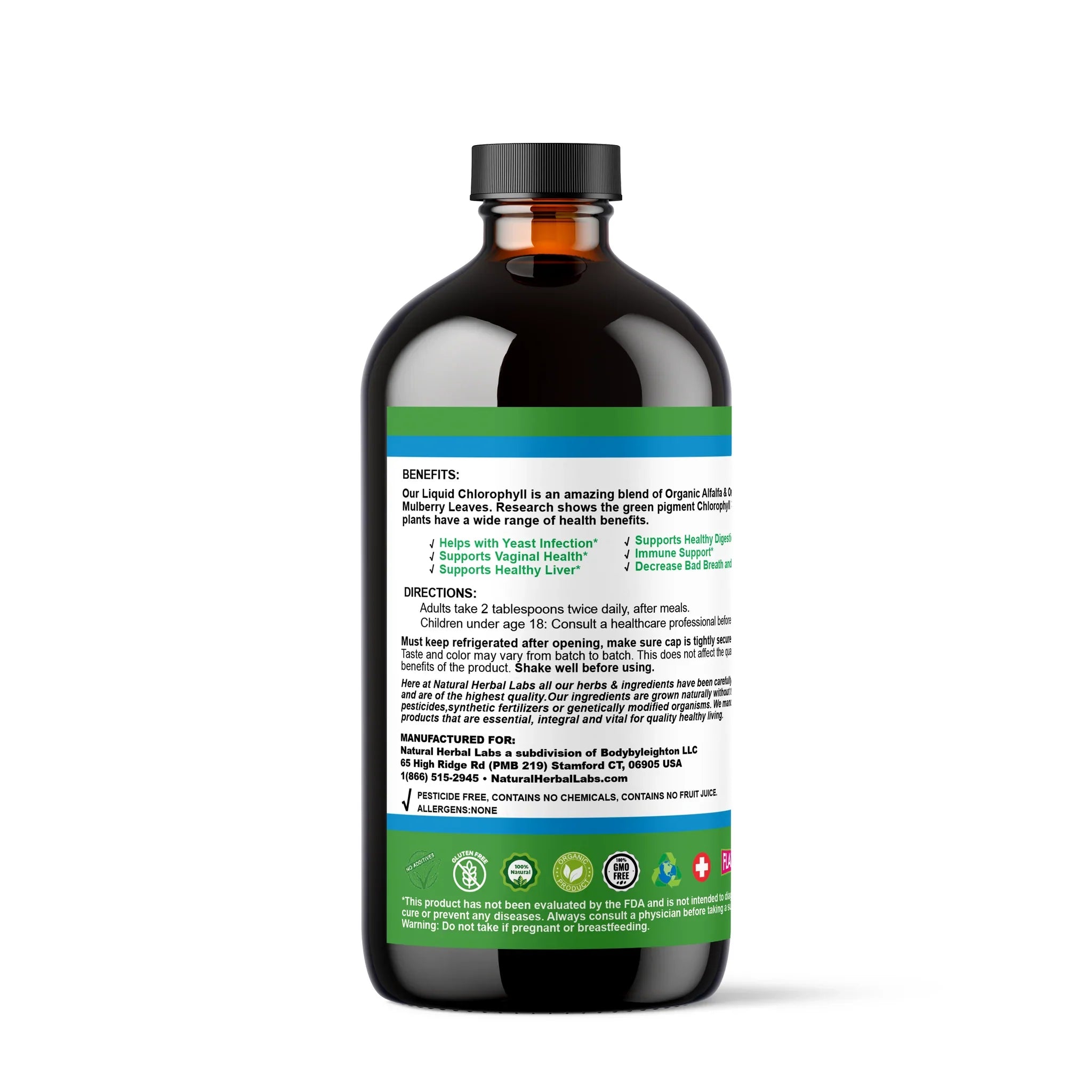 Organic liquid chlorophyll from VeggieVerve with alfalfa and white mulberry, a botanical detox supplement in a 16 fl oz bottle.