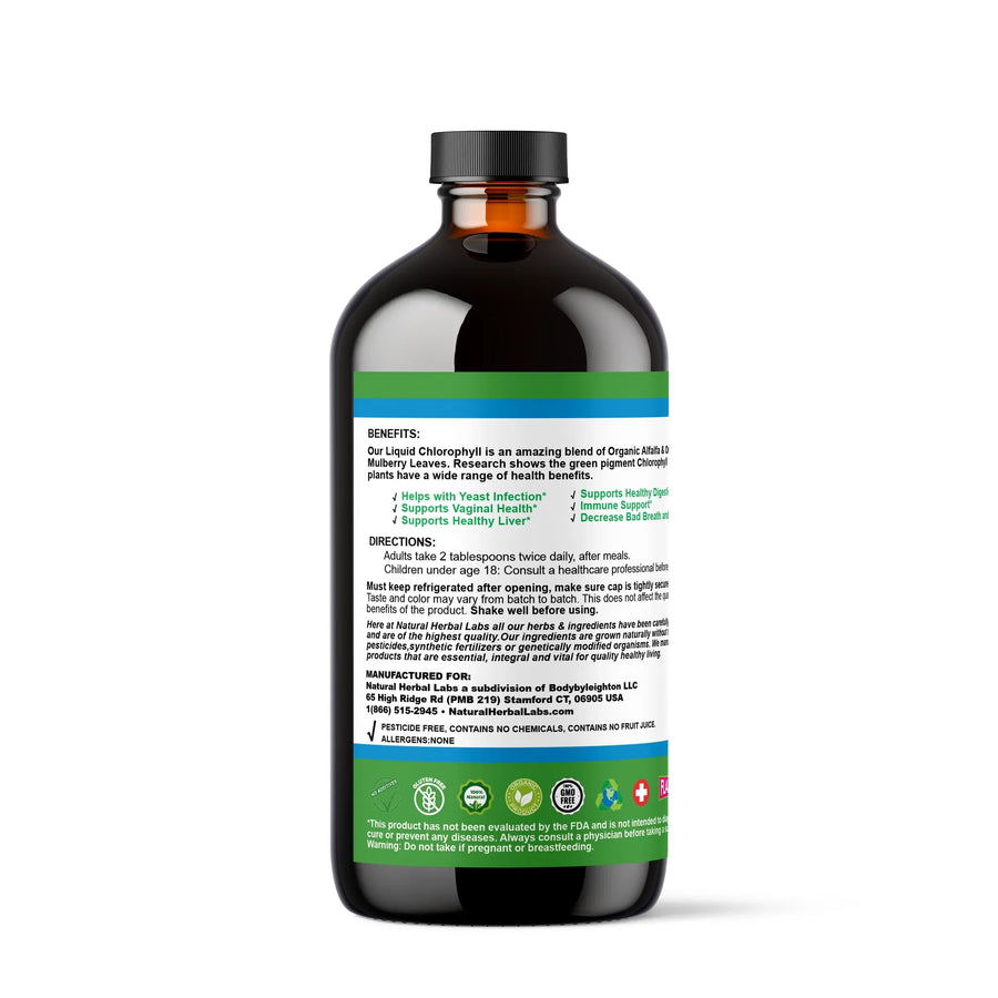 Organic liquid chlorophyll from VeggieVerve with alfalfa and white mulberry, a botanical detox supplement in a 16 fl oz bottle.