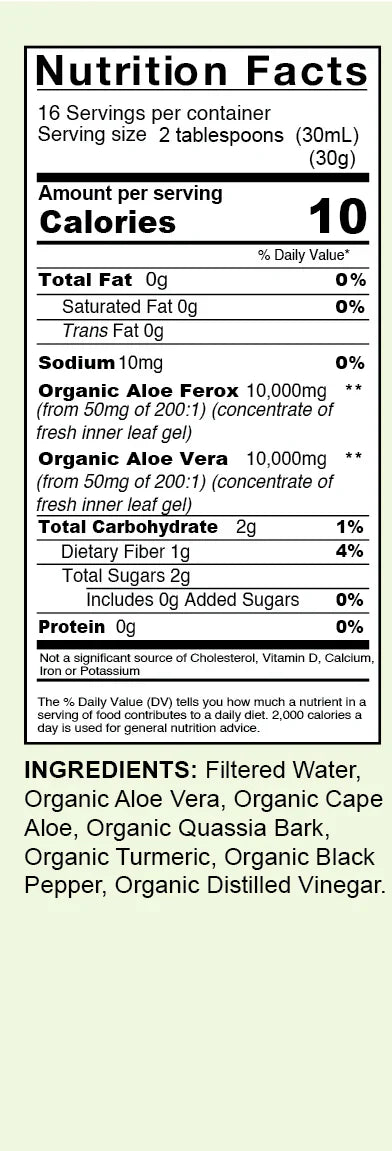 Organic Super Aloe Vera Detox by VeggieVerve in a 16 fl oz bottle showing fresh aloe vera leaves and clear liquid inside.