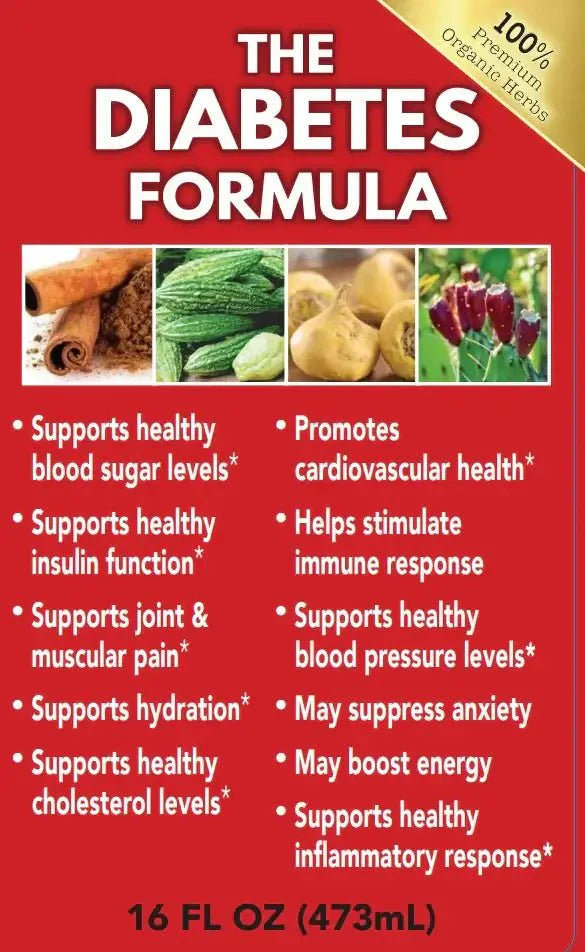 Organic Herbal Diabetes Formula supplement by VeggieVerve, shown in a 16 fl oz bottle with herbal ingredients.