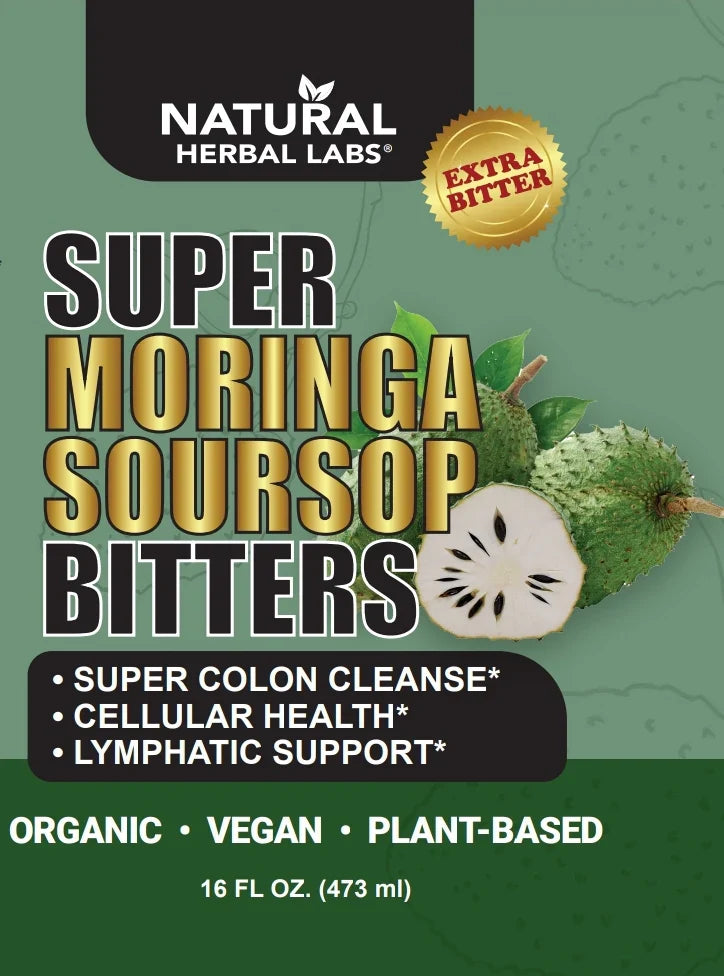 Organic Moringa and Soursop liquid herbal supplement by VeggieVerve, shown in a 16 oz bottle with fresh herbs and natural ingredients.