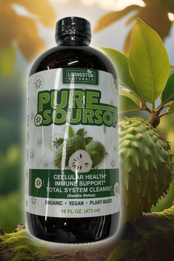 Organic Pure Soursop Blend herbal supplement by VeggieVerve in a 16 fl oz bottle, showcasing fresh soursop leaves and herbal ingredients.