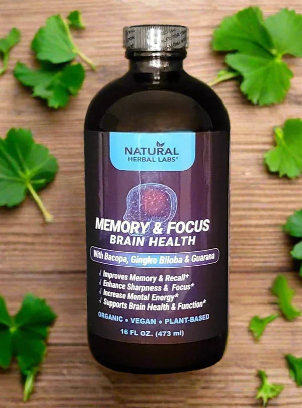 Organic Memory & Focus Herbal Tonic by VeggieVerve, featuring Bacopa, Ginkgo Biloba, and Guarana for brain health and mental clarity.