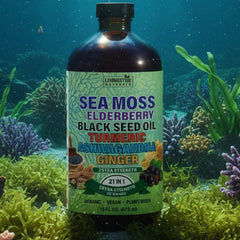 Vegan supplement by VeggieVerve featuring Organic Sea Moss Supreme Liquid with black seed, elderberry, and adaptogens in a 16 oz bottle.