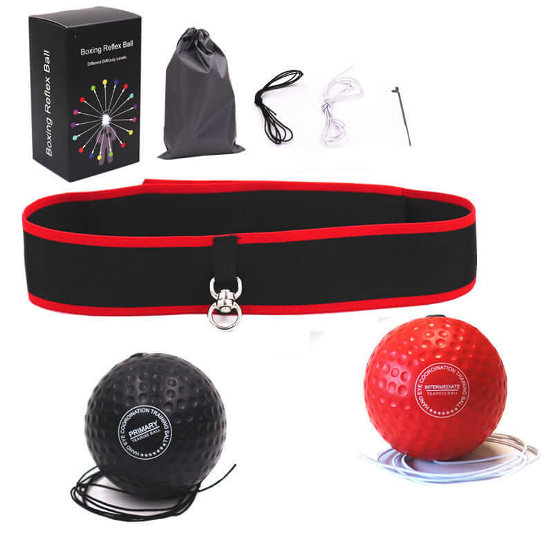 Black and red Vellmara boxing reaction ball with head-mounted adjustable strap for fitness training and boxing drills.