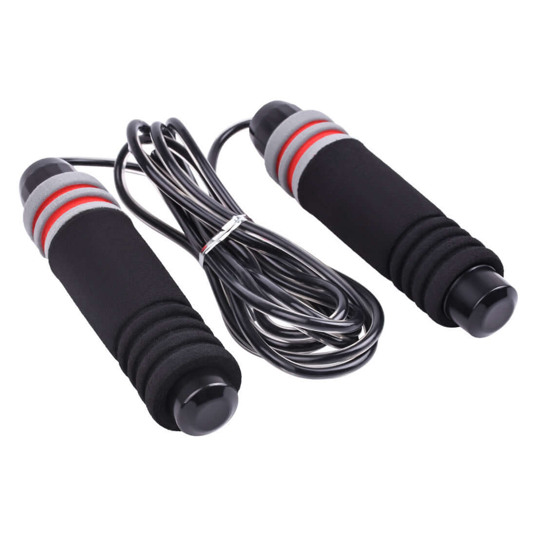 Red and black Vellmara adjustable jumping rope for fitness, showing the rope’s handles and length adjustment features.