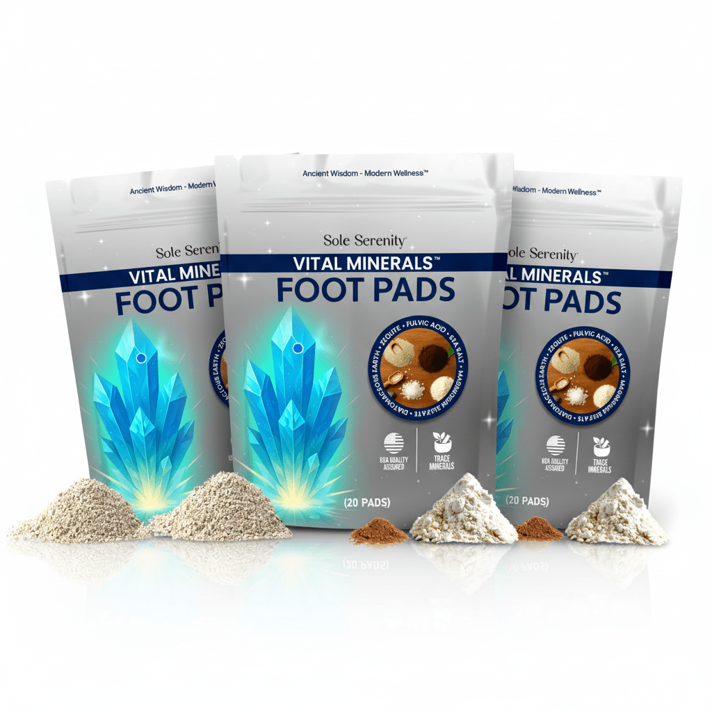 Lure Essentials Mineral Vitality Detox Foot Pads with Fulvic Acid, sea salt, and magnesium, shown on feet for detoxification.