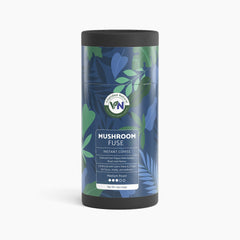 Vitalidad Natural Mushroom Fuse Instant Coffee in medium roast, showing a cup of brewed coffee and coffee packaging.