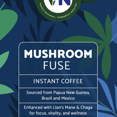 Vitalidad Natural Mushroom Fuse Instant Coffee in medium roast, showing a jar of coffee powder and packaging.