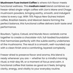 Vitalidad Natural Mushroom Fuse Instant Coffee medium roast in a jar, showcasing the coffee powder and packaging.