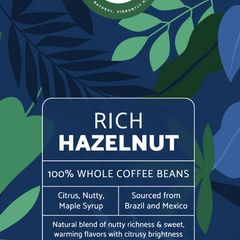 Vitalidad Natural Rich Hazelnut Coffee medium roast in a bag, showcasing the coffee beans and packaging for flavorful beverage.