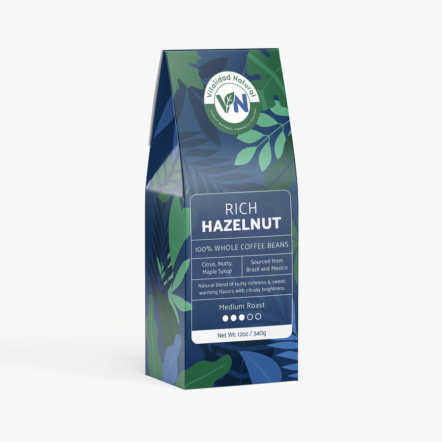Vitalidad Natural Rich Hazelnut Coffee Medium Roast in a coffee bag, showcasing the flavorful medium roast aroma and packaging.