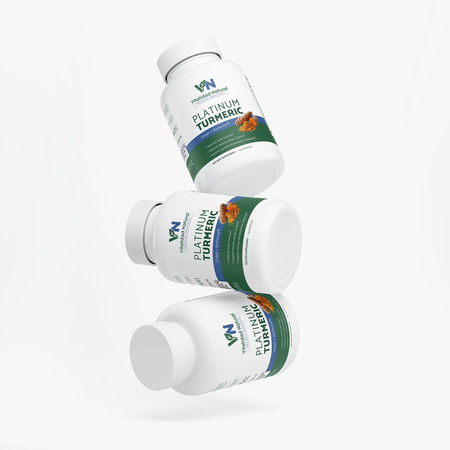 Vitalidad Natural Platinum Turmeric supplement bottle with label, showcasing health and beauty vitamins and supplements.