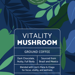 Vitalidad Natural Vitality Mushroom Coffee in medium roast, showing a steaming cup of health-boosting mushroom coffee.