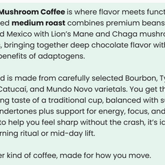 Vitality Mushroom Coffee by Vitalidad Natural, medium roast in a coffee cup with mushrooms and coffee beans, healthy supplement drink