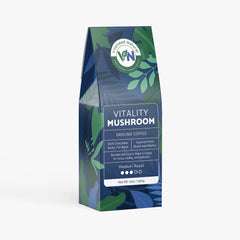 Vitalidad Natural Vitality Mushroom Coffee in medium roast, featuring fresh brewed coffee with mushroom extract for health benefits.
