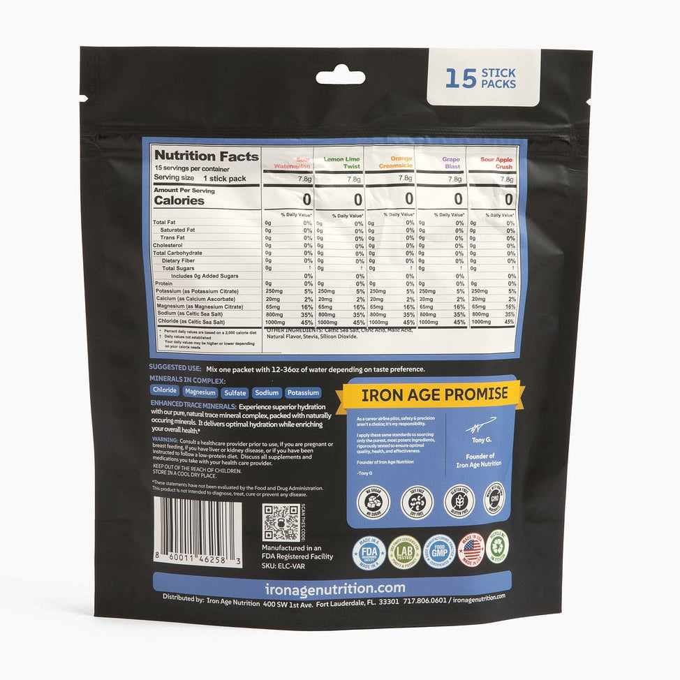 Iron Age Nutrition Total Hydrate electrolyte powder variety pack with colorful sachets and label, ready for hydration.
