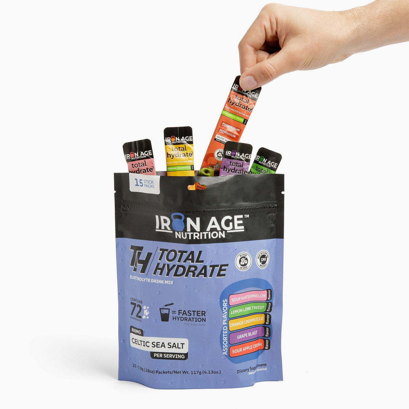 Iron Age Nutrition Total Hydrate electrolyte powder variety pack with colorful packets for rehydration and energy.