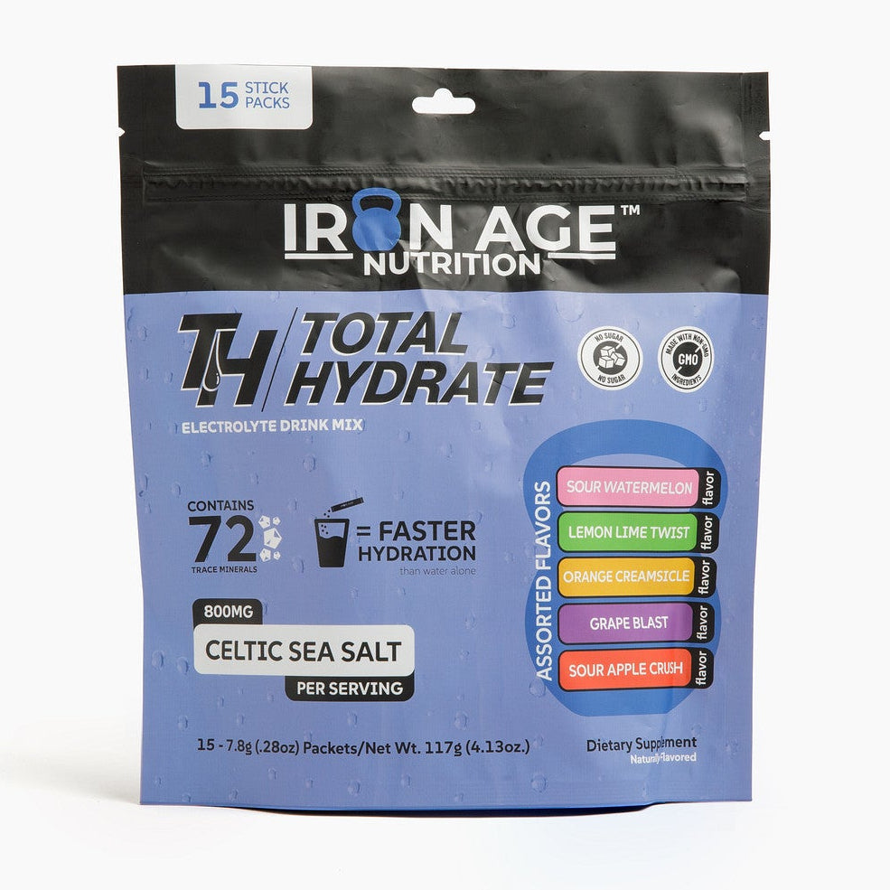 Iron Age Nutrition Total Hydrate electrolyte powder variety pack with multiple colorful flavor packets on a white background.