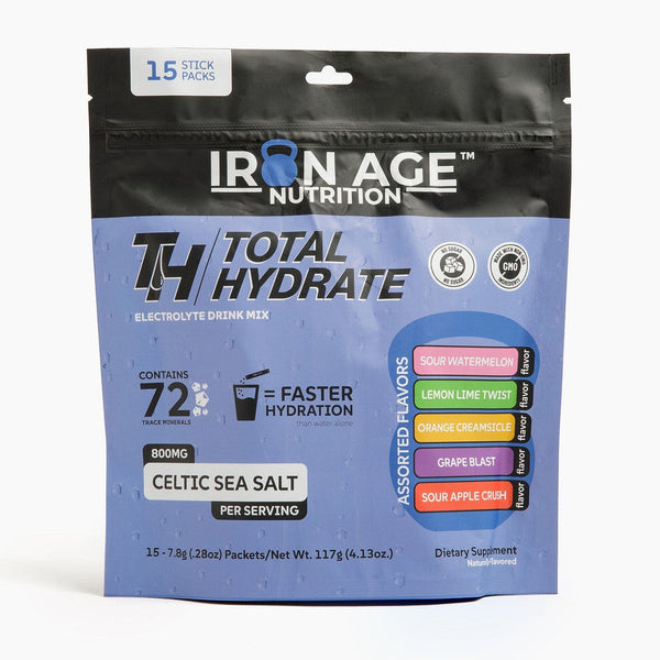 Iron Age Nutrition Total Hydrate electrolyte powder variety pack with multiple colorful flavor packets on a white background.