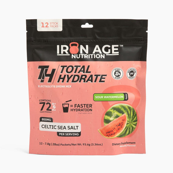 Total Hydrate Sour Watermelon electrolyte powder by Iron Age Nutrition, showing a colorful scoop of powder in a container.