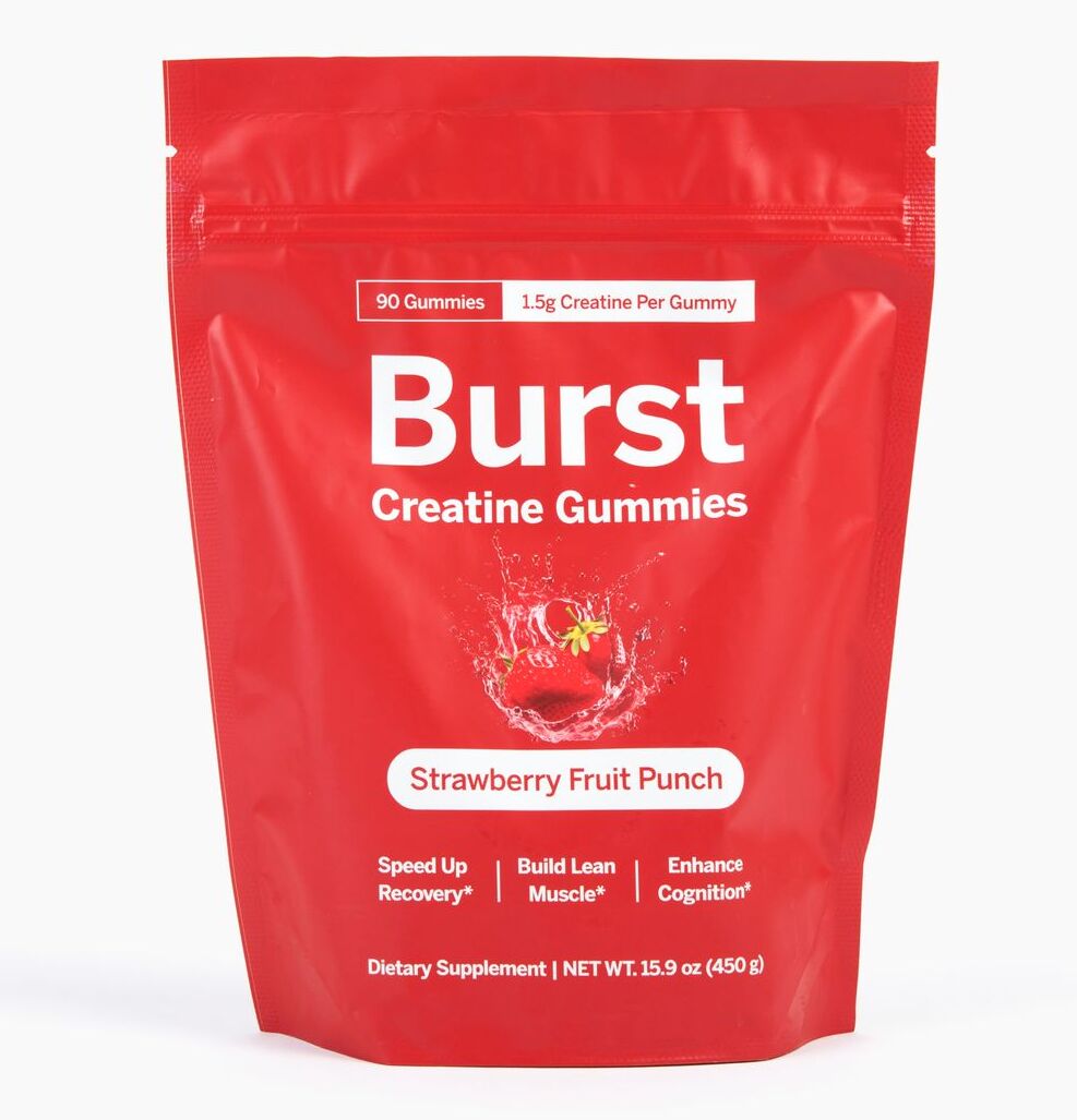 Burst Nutrition Creatine Gummies in a clear container, showing colorful, chewable gummies designed for muscle support and energy.