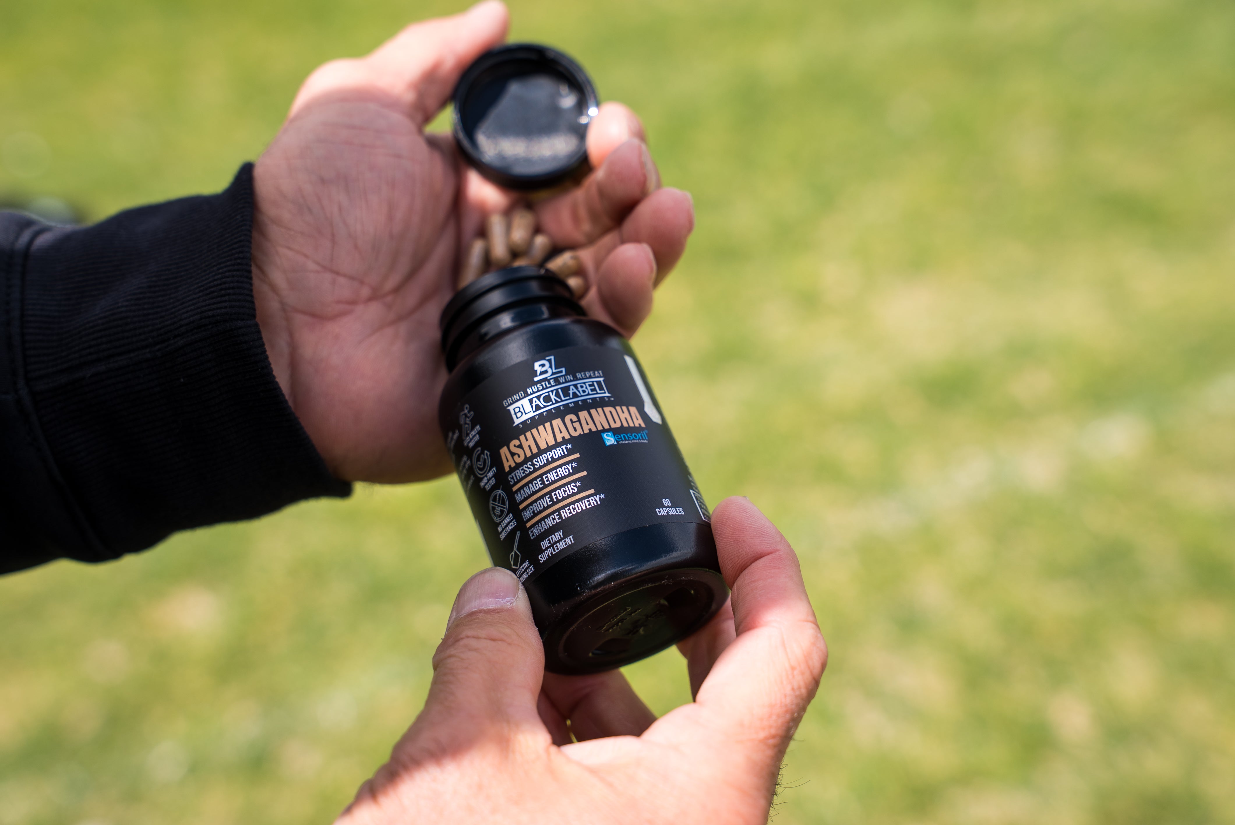 BlackLabel Supplements SENSORIL® Ashwagandha bottle with label, showcasing natural wellness supplement for stress support and relaxation.