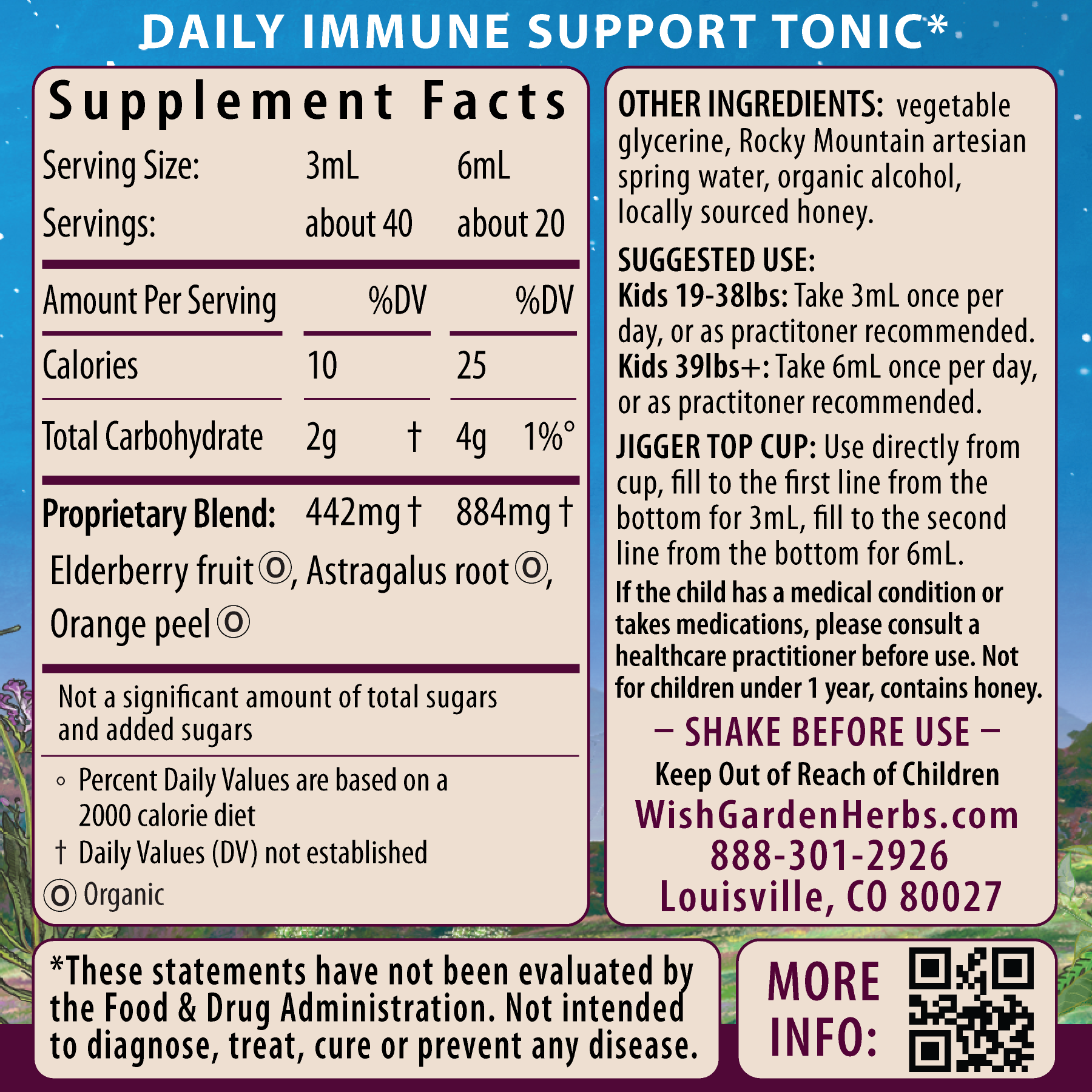 Kids elderberry syrup by WishGarden Herbs in a 4oz bottle, featuring a premium herbal botanical blend for children's immune support.
