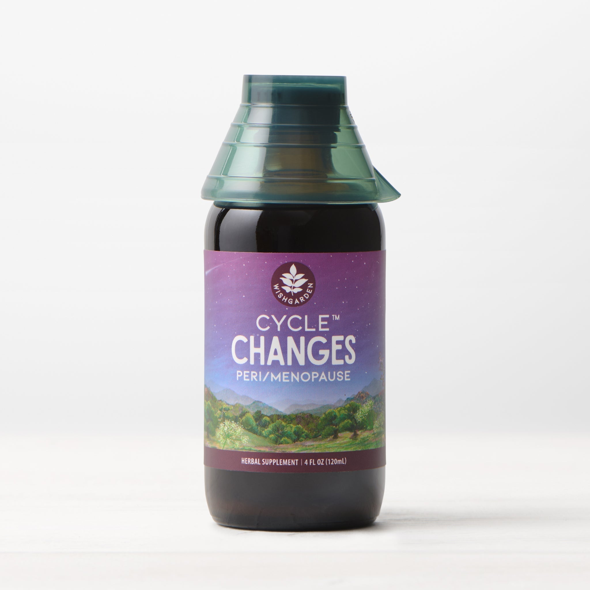 WishGarden Herbs Cycle Changes menopause supplement in a 2oz pump bottle, designed for peri and menopause support.
