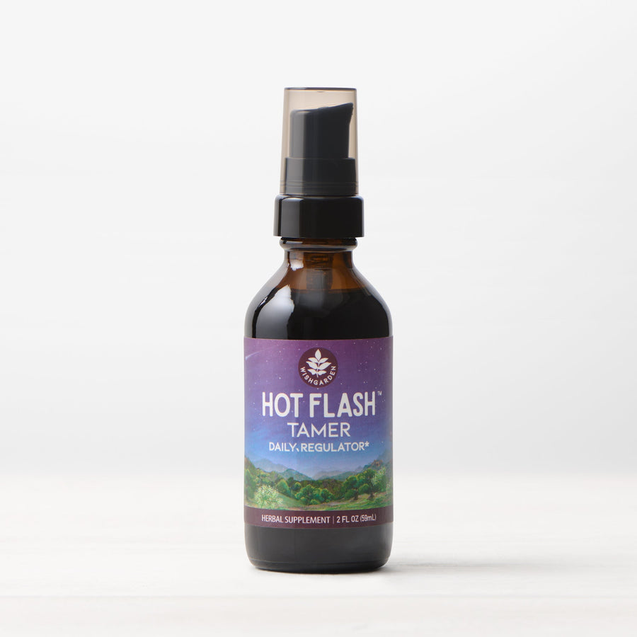 WishGarden Herbs Hot Flash Tamer menopause supplement in a 2oz pump bottle, daily regulator for menopause symptom relief.