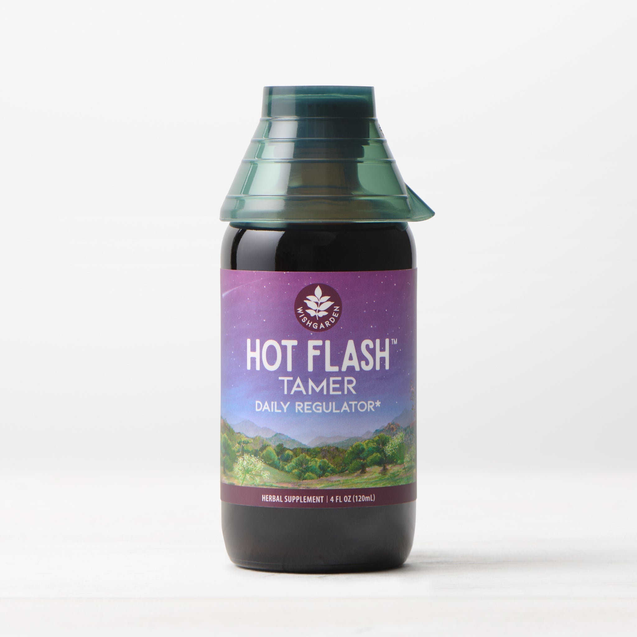 WishGarden Herbs Hot Flash Tamer menopause supplement in a 2oz pump bottle, designed to help regulate hot flashes daily.