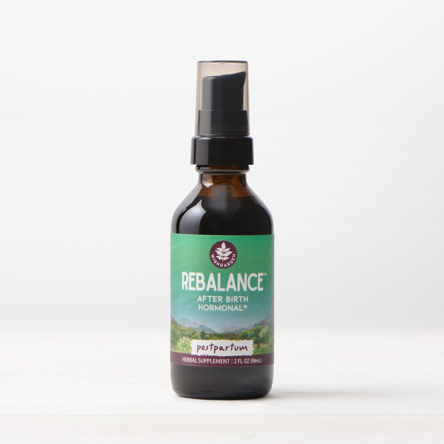 WishGarden Herbs ReBalance Postpartum hormonal supplement in 2oz pump bottle, designed for postpartum hormonal support.