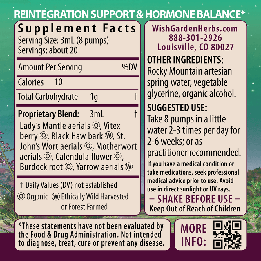 WishGarden Herbs ReBalance postpartum hormonal support tincture in a 2oz pump bottle, designed for post-birth hormonal recovery.