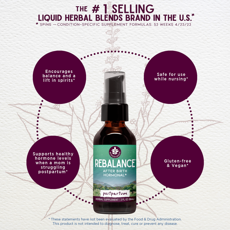 Postpartum ReBalance herbal tincture by WishGarden Herbs, 2oz pump bottle for supporting hormonal balance after birth