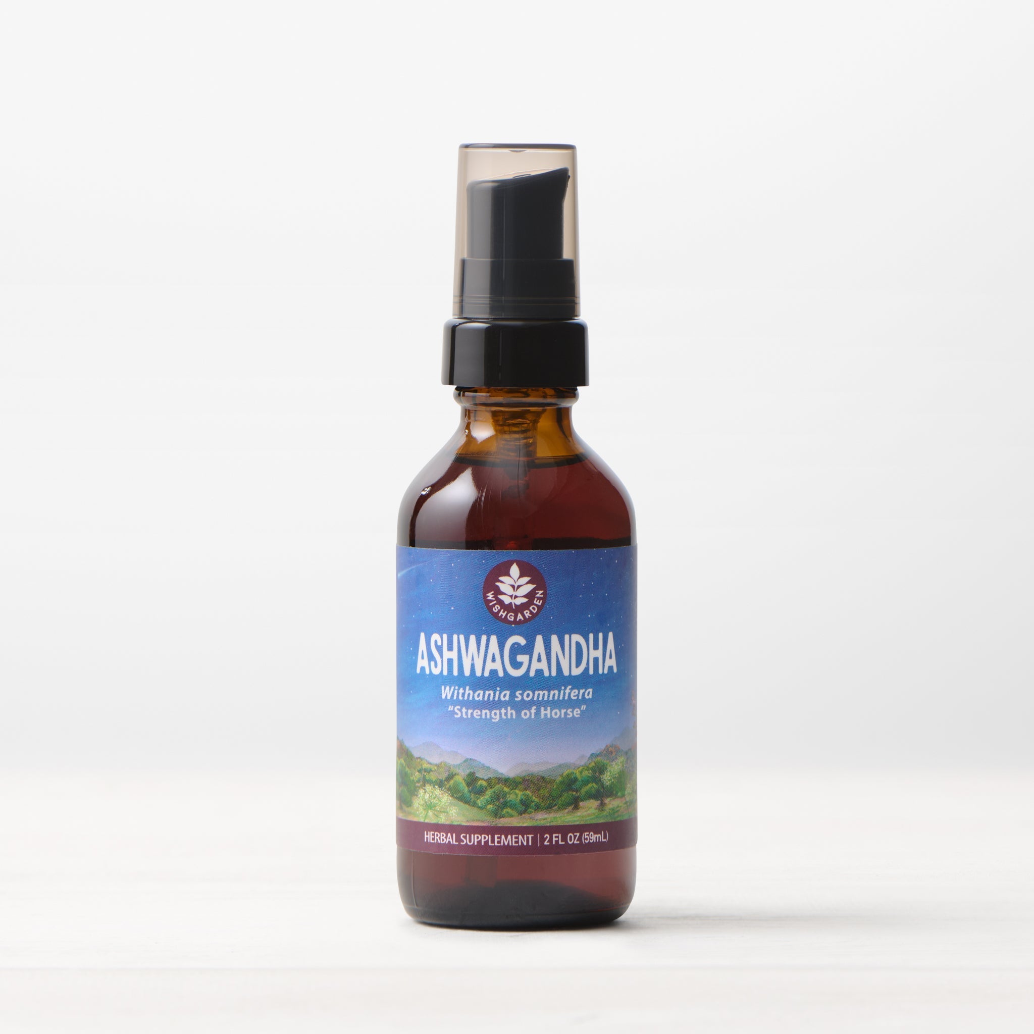 WishGarden Herbs single 2oz Ashwagandha pump bottle showing the herbal supplement container and label.