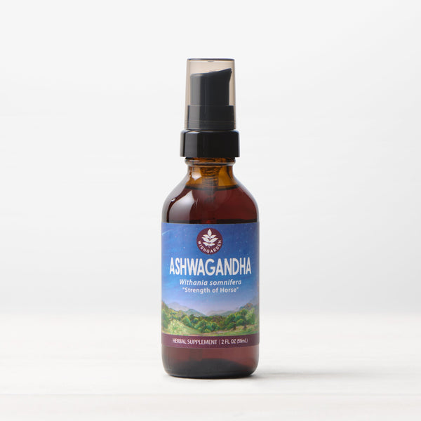 WishGarden Herbs single 2oz Ashwagandha pump bottle showing the herbal supplement container and label.