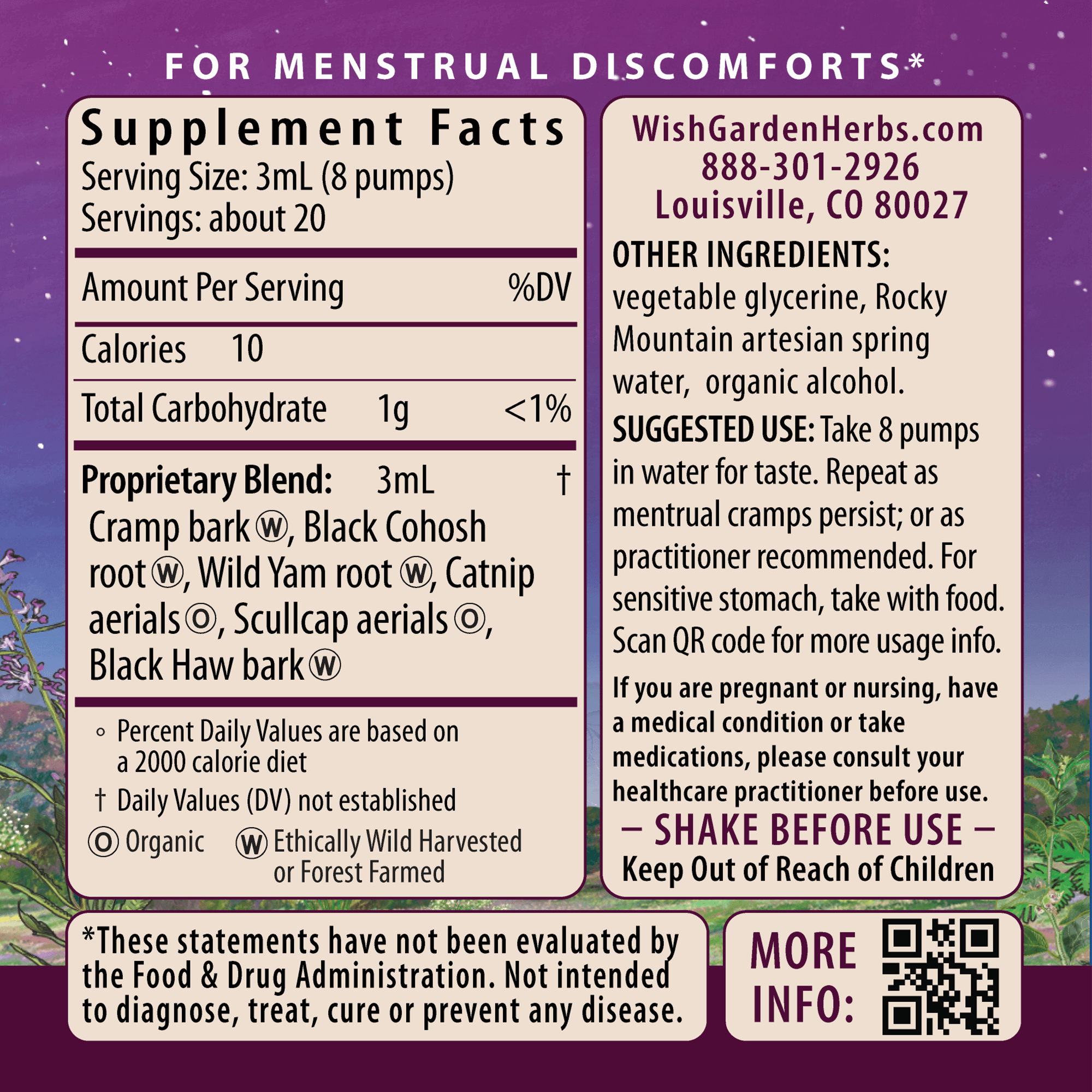 Women's herbal wellness tincture by WishGarden Herbs in a 2oz pump bottle, botanical liquid herbal blend for women's health.