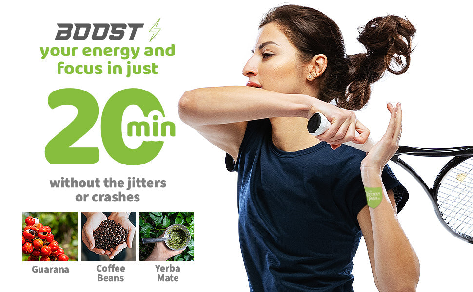 Friendly Patch Co Boost Energy Patch with caffeine, guarana, and green tea for natural energy support, worn on the skin.