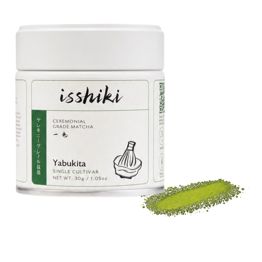 Isshiki Matcha Yabukita single cultivar premium matcha powder pack with green powder smear