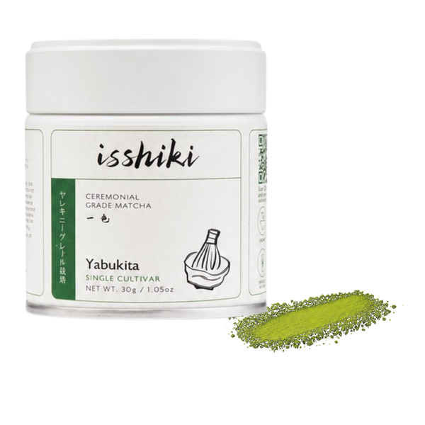Isshiki Matcha Yabukita single cultivar premium matcha powder pack with green powder smear
