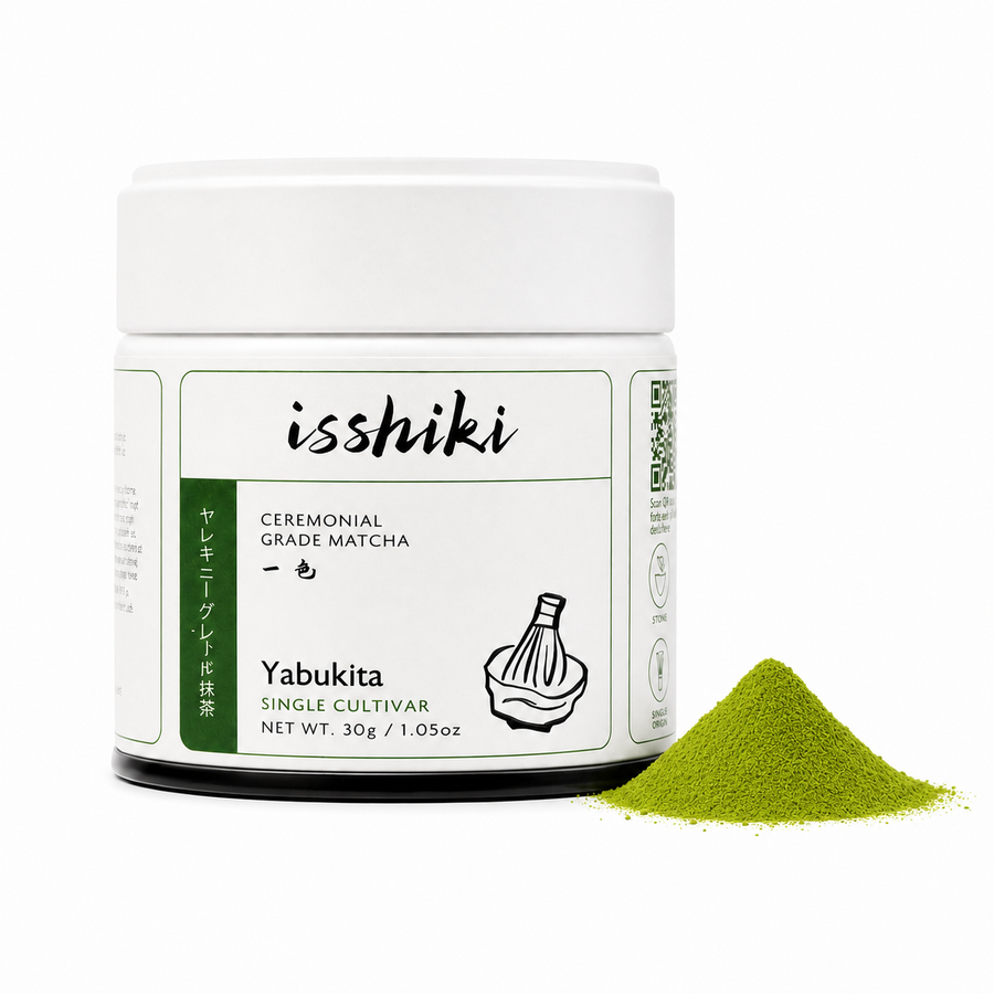 Yabukita single cultivar matcha powder by Isshiki Matcha in featured packaging beside green powder.