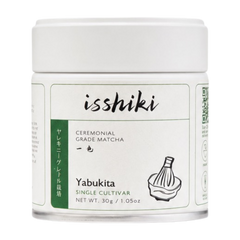 Isshiki Matcha Yabukita single cultivar premium matcha powder in a green package
