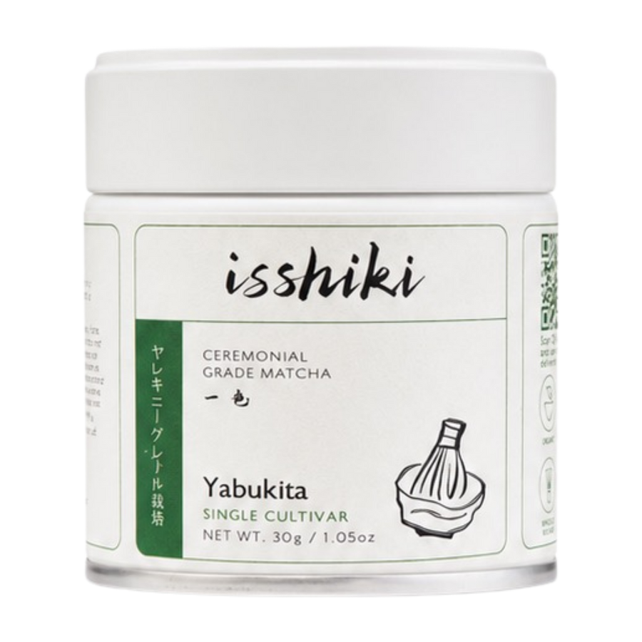 Isshiki Matcha Yabukita single cultivar premium matcha powder in a green package