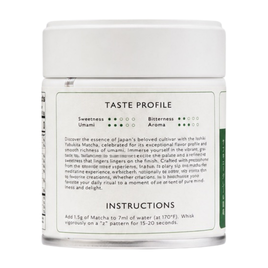 Isshiki Matcha Yabukita single cultivar premium matcha powder in green tea packaging