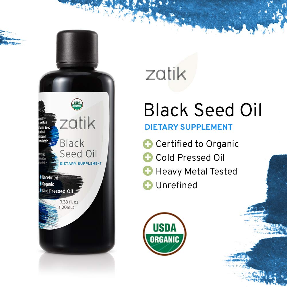 Bottle of Zatik Naturals Black Seed Oil in a 3.38 fl oz health care container, with black seed oil inside.