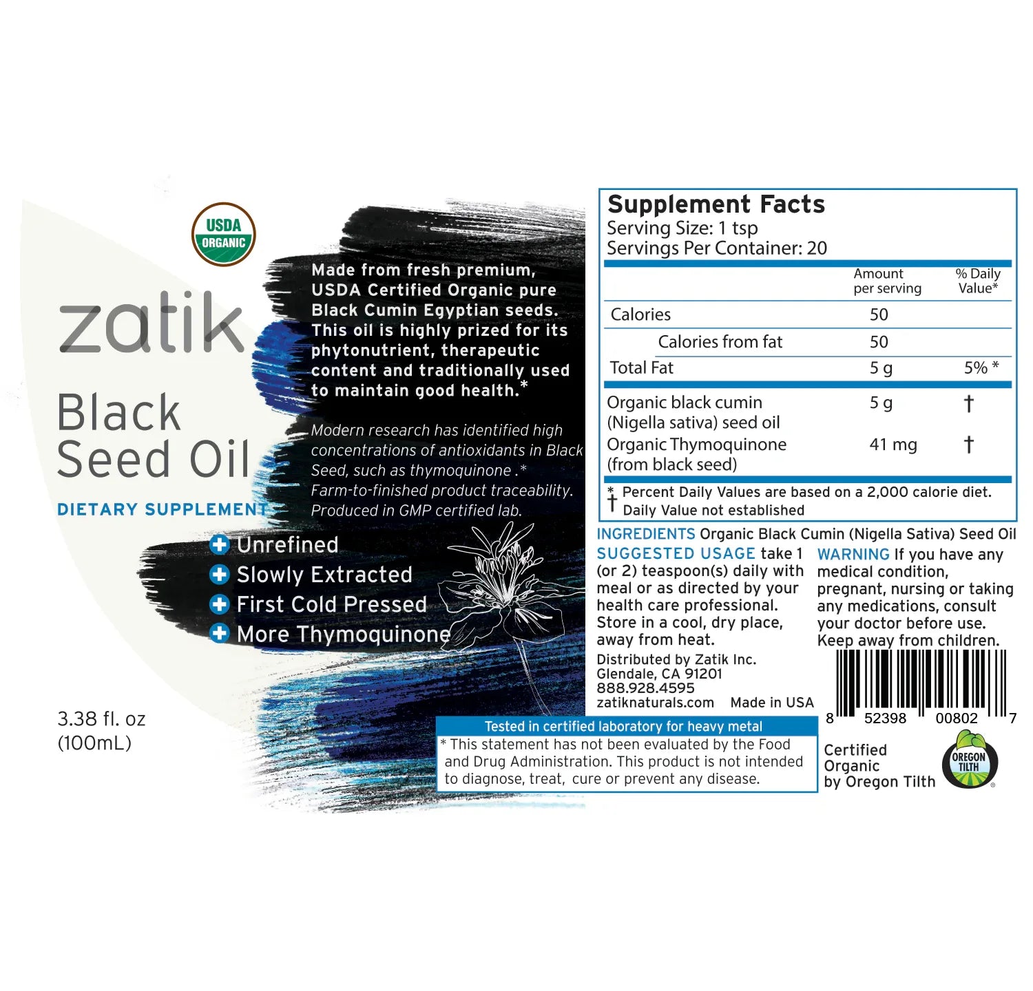 Zatik Naturals Black Seed Oil in a 3.38 fl oz bottle, health care product with dark glass container and label.