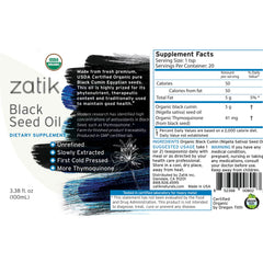 Zatik Naturals Black Seed Oil in a 3.38 fl oz bottle, health care product with dark glass container and label.